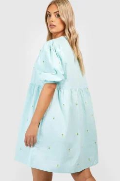 Smock Dresses*boohoo Plus Floral Embroidered Poplin Smock Dress baby blue