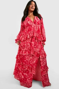 Smock Dresses*boohoo Plus Floral Frill Plunge Ruffle Maxi Dress pink