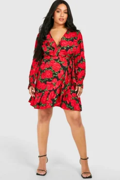 Wrap Dresses*boohoo Plus Floral Long Sleeve Wrap Dress black