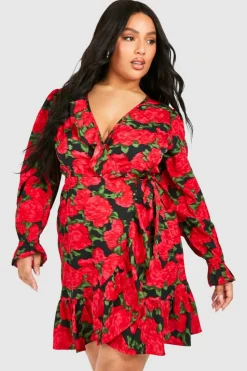 Wrap Dresses*boohoo Plus Floral Long Sleeve Wrap Dress black