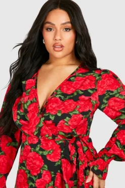 Wrap Dresses*boohoo Plus Floral Long Sleeve Wrap Dress black