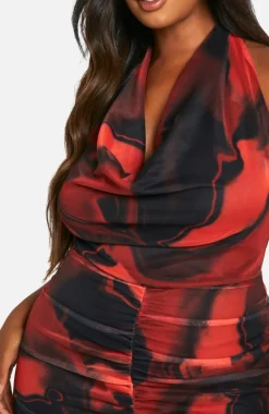 Bodycon Dresses*boohoo Plus Floral Mesh Cowl Neck Maxi Dress red