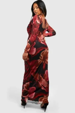 Maxi Dresses*boohoo Plus Floral Mesh Low Back Maxi Dress black