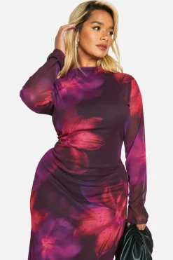 Bodycon Dresses|Maxi Dresses*boohoo Plus Floral Mesh Low Back Maxi Dress purple