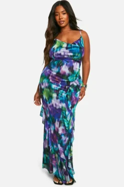 Maxi Dresses*boohoo Plus Floral Mesh Ruffle Maxi Dress blue