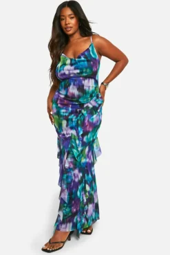 Maxi Dresses*boohoo Plus Floral Mesh Ruffle Maxi Dress blue