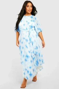 Midi Dresses*boohoo Plus Floral Pleated Puff Sleeve Midi Dress blue