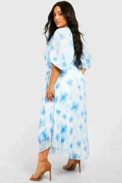 Midi Dresses*boohoo Plus Floral Pleated Puff Sleeve Midi Dress blue