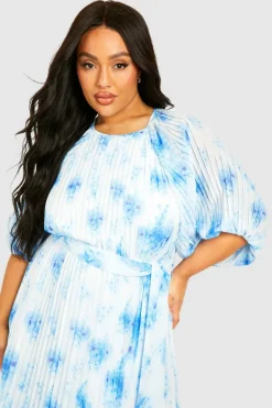 Midi Dresses*boohoo Plus Floral Pleated Puff Sleeve Midi Dress blue