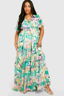 Smock Dresses*boohoo Plus Floral Print Angel Sleeve Maxi Dress green