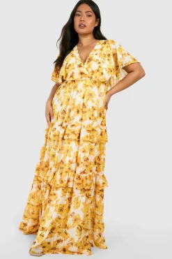 Skater Dresses*boohoo Plus Floral Print Angel Sleeve Maxi Dress yellow