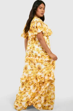 Skater Dresses*boohoo Plus Floral Print Angel Sleeve Maxi Dress yellow