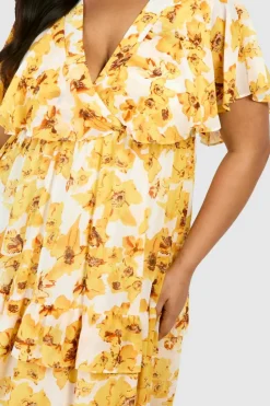 Skater Dresses*boohoo Plus Floral Print Angel Sleeve Maxi Dress yellow