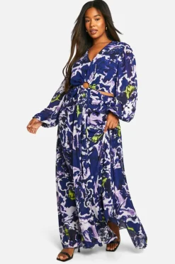 Skater Dresses|Maxi Dresses*boohoo Plus Floral Print Chiffon Cut Out Maxi Dress blue