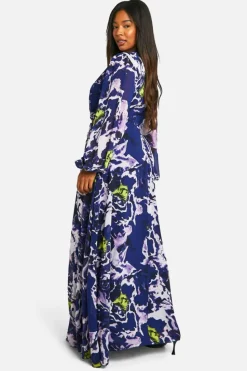Skater Dresses|Maxi Dresses*boohoo Plus Floral Print Chiffon Cut Out Maxi Dress blue