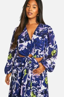 Skater Dresses|Maxi Dresses*boohoo Plus Floral Print Chiffon Cut Out Maxi Dress blue