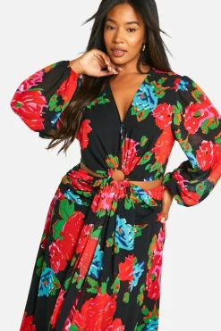 Skater Dresses*boohoo Plus Floral Print Chiffon Cut Out Maxi Dress black