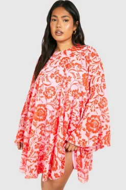 Smock Dresses*boohoo Plus Floral Print Flared Sleeve Smock Dress pink