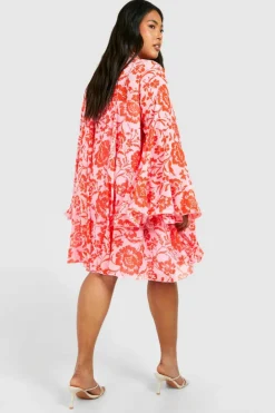 Smock Dresses*boohoo Plus Floral Print Flared Sleeve Smock Dress pink