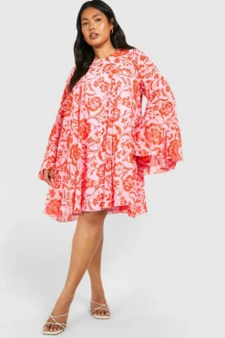 Smock Dresses*boohoo Plus Floral Print Flared Sleeve Smock Dress pink