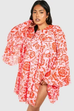 Smock Dresses*boohoo Plus Floral Print Flared Sleeve Smock Dress pink