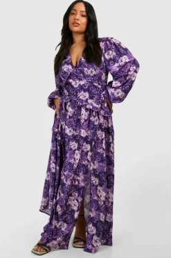 Smock Dresses*boohoo Plus Floral Print Frill Waist Detail Maxi Dress purple