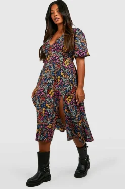 Smock Dresses|Midi Dresses*boohoo Plus Floral Print Midi Smock Dress black