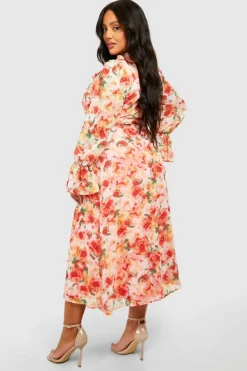 Wrap Dresses|Midi Dresses*boohoo Plus Floral Print Ruffle Wrap Midi Dress orange