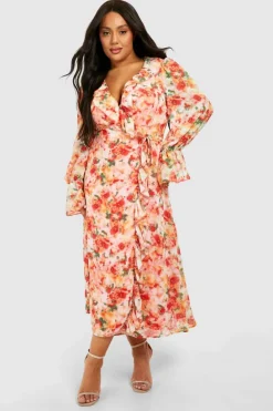 Wrap Dresses|Midi Dresses*boohoo Plus Floral Print Ruffle Wrap Midi Dress orange