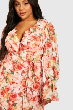 Wrap Dresses|Midi Dresses*boohoo Plus Floral Print Ruffle Wrap Midi Dress orange