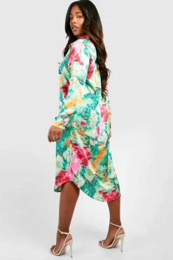 Shirt Dresses|Midi Dresses*boohoo Plus Floral Print Satin Midi Shirt Dress green