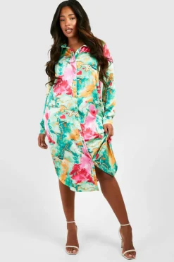 Shirt Dresses|Midi Dresses*boohoo Plus Floral Print Satin Midi Shirt Dress green