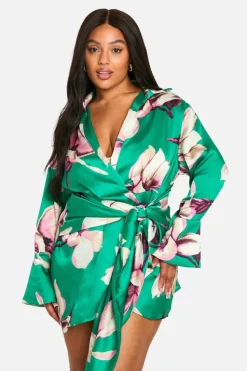 Shirt Dresses|Wrap Dresses*boohoo Plus Floral Print Tie Waist Shirt Wrap Dress green