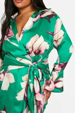Shirt Dresses|Wrap Dresses*boohoo Plus Floral Print Tie Waist Shirt Wrap Dress green