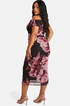 Bodycon Dresses|Midi Dresses*boohoo Plus Floral Print Trim One Shoulder Mesh Midi Dress pink