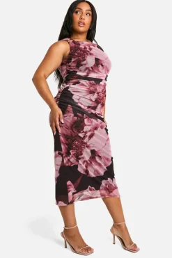 Bodycon Dresses|Midi Dresses*boohoo Plus Floral Print Trim One Shoulder Mesh Midi Dress pink