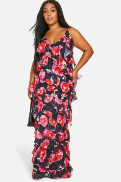 Maxi Dresses*boohoo Plus Floral Printed Ruffle Strap Maxi Dress black