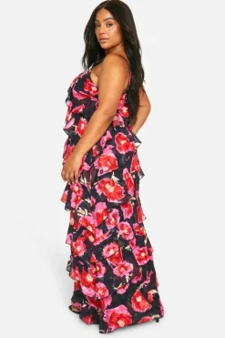 Maxi Dresses*boohoo Plus Floral Printed Ruffle Strap Maxi Dress black