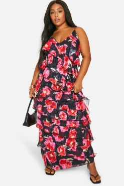 Maxi Dresses*boohoo Plus Floral Printed Ruffle Strap Maxi Dress black