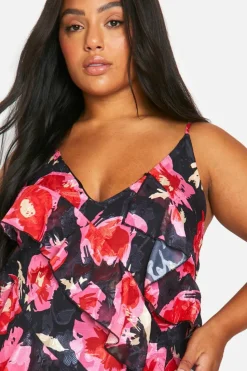 Maxi Dresses*boohoo Plus Floral Printed Ruffle Strap Maxi Dress black