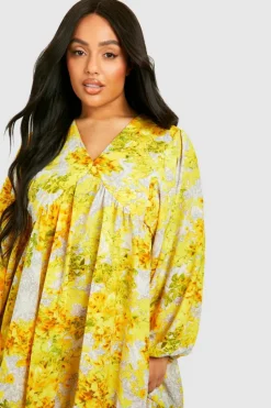 Smock Dresses*boohoo Plus Floral Ruffle Hem Smock Dress yellow