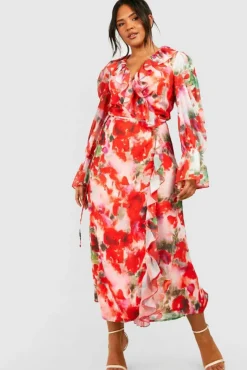 Wrap Dresses*boohoo Plus Floral Ruffle Wrap Dress pink