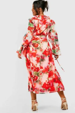 Wrap Dresses*boohoo Plus Floral Ruffle Wrap Dress pink