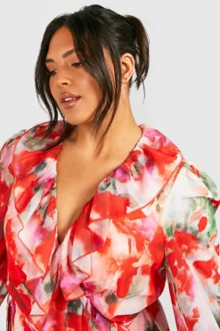 Wrap Dresses*boohoo Plus Floral Ruffle Wrap Dress pink