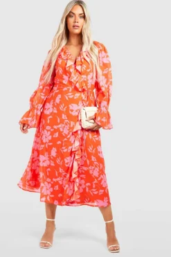 Wrap Dresses*boohoo Plus Floral Ruffle Wrap Dress orange