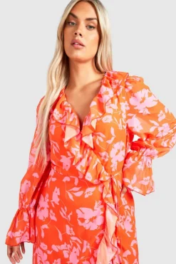 Wrap Dresses*boohoo Plus Floral Ruffle Wrap Dress orange