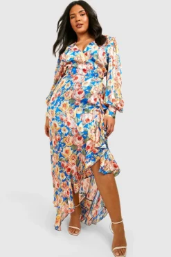 Wrap Dresses*boohoo Plus Floral Ruffle Wrap Maxi Dress blue