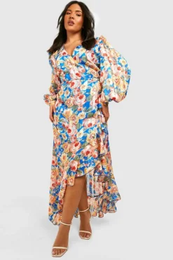 Wrap Dresses*boohoo Plus Floral Ruffle Wrap Maxi Dress blue