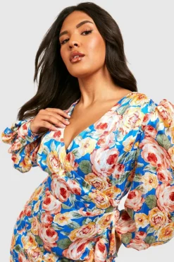 Wrap Dresses*boohoo Plus Floral Ruffle Wrap Maxi Dress blue