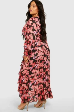 Wrap Dresses*boohoo Plus Floral Ruffle Wrap Maxi Dress pink